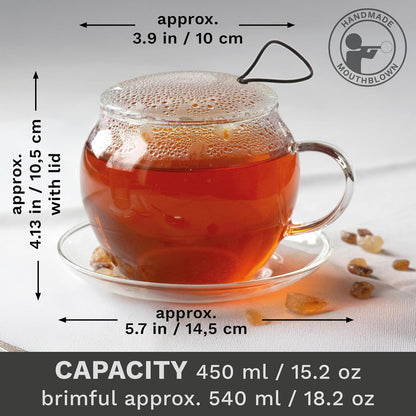 Creano Tea Glass with Infuser and Lid 400ml - Large Tea Cup - Microwave & Dishwasher Safe - Loose Leaf Tea Maker Gift Set