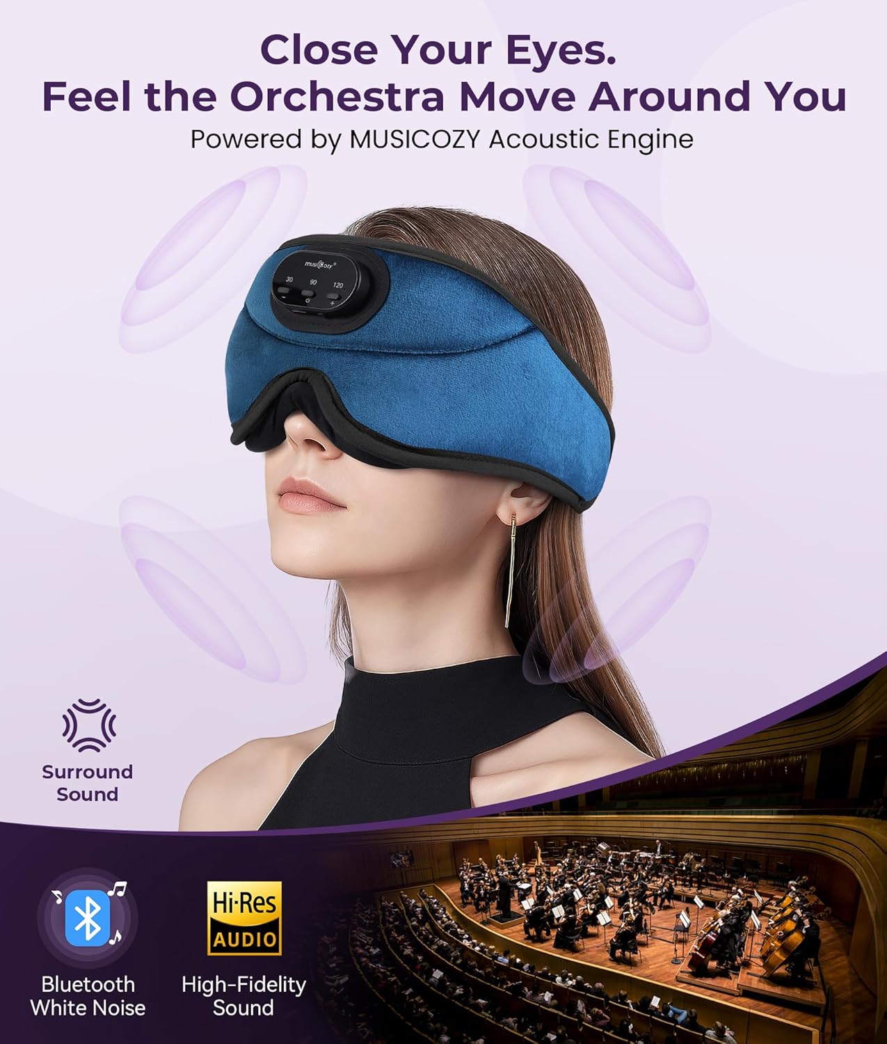 MUSICOZY Sleep Headphones Bluetooth 5.4 with Smart Timer 3D Eye Mask | Auto Shut Off Timer, 14-Hour Playtime, 100% Blackout, Removable Module Washable Design for Sleeping Travel and Meditation
