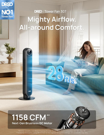 DREO Tower Fan for Bedroom, 26ft/s Velocity, 90° Oscillating, 8H Timer