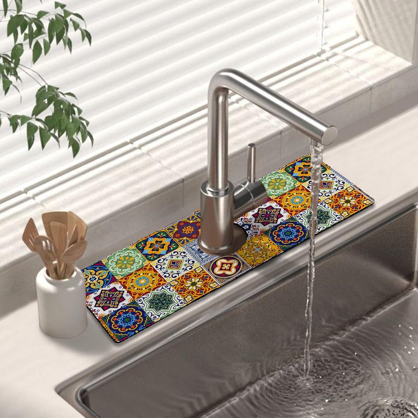 Kitchen Sink Splash Guard Faucet Mat 24" X 5.5" Tropical Leavesl Absorbent Fast Drying Mat Faucet Draining Mat Sink Splash Guard Behind Faucet Drip Catcher for Kitchen Bathroom