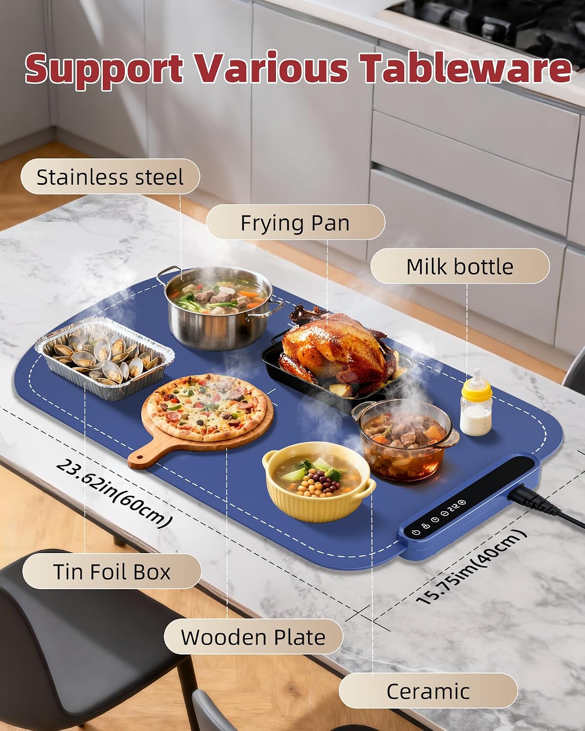 Warming Mat for Food, Upgraded Fast-Heating Electric Warming Tray with 7 Temp Levels & 8 Timers, Buffet Raised Feet & Rollable Silicone Heat Pad, Portable Food Warmer for Home, Party & Travel (Blue)