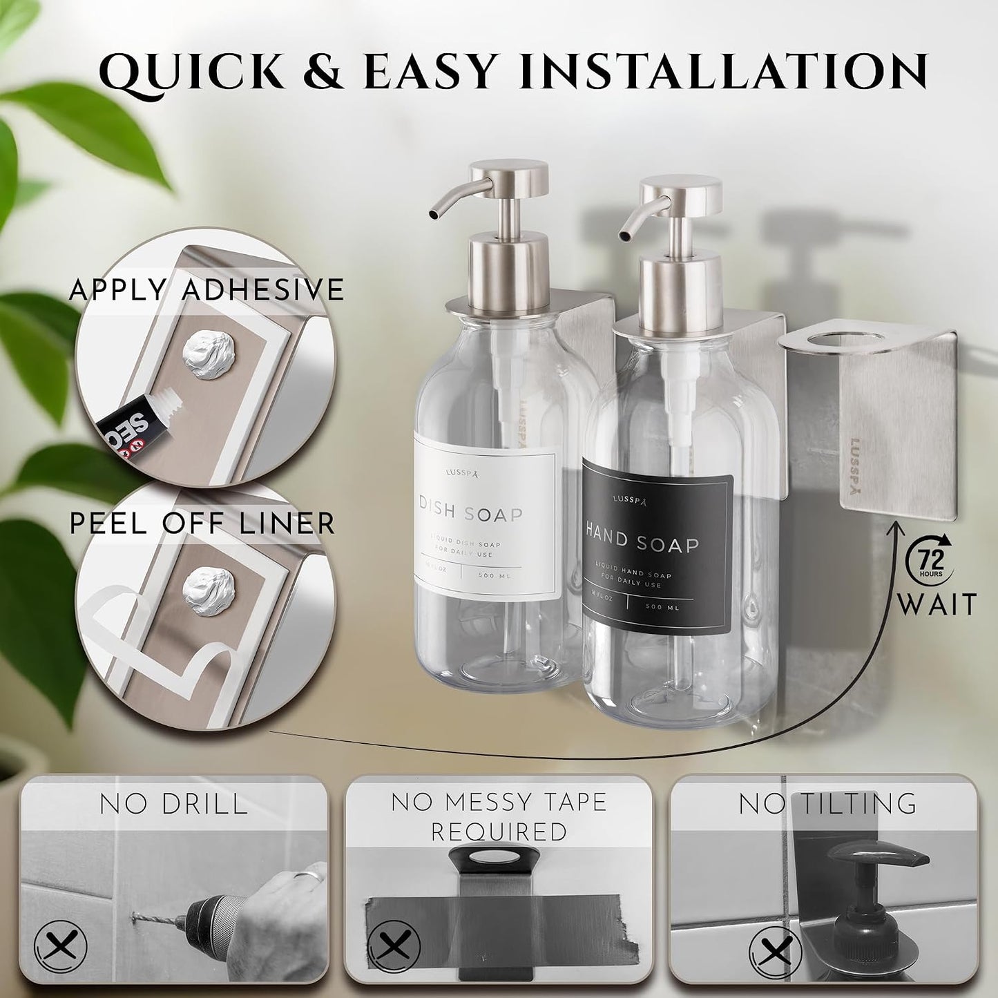 Shower Shampoo Dispenser Wall Mounted – 3 Refillable 16.9 oz Clear Bottles with Stainless Steel Pumps & No-Drill Adhesive Holders – Soap Dispenser Set for Bathroom (3 X Clear/Silver)