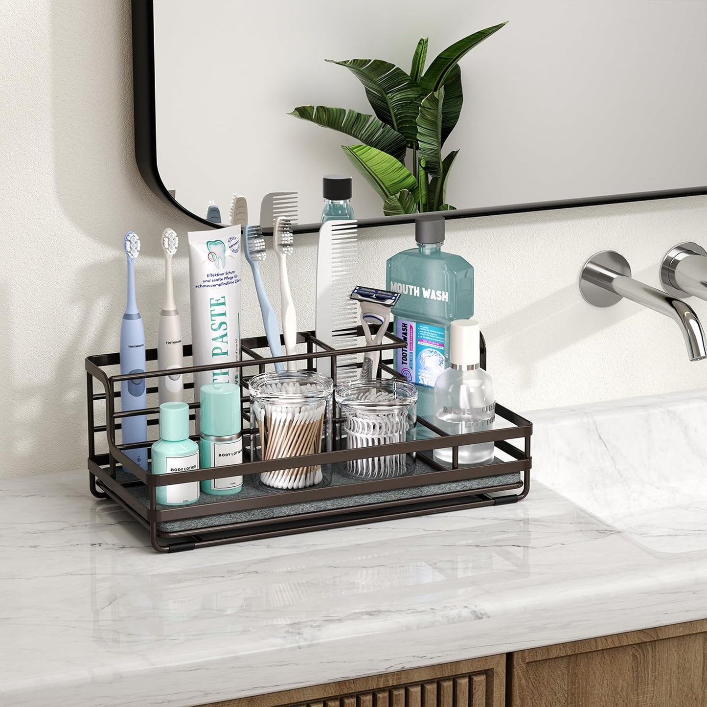 HapiRm Toothbrush Holders for Bathroom - 5 Partitions Bathroom Counter Organizer with Instant Drying Stone, Stainless Steel Countertop Storage Electric Toothbrush Toothpaste Holder - Black