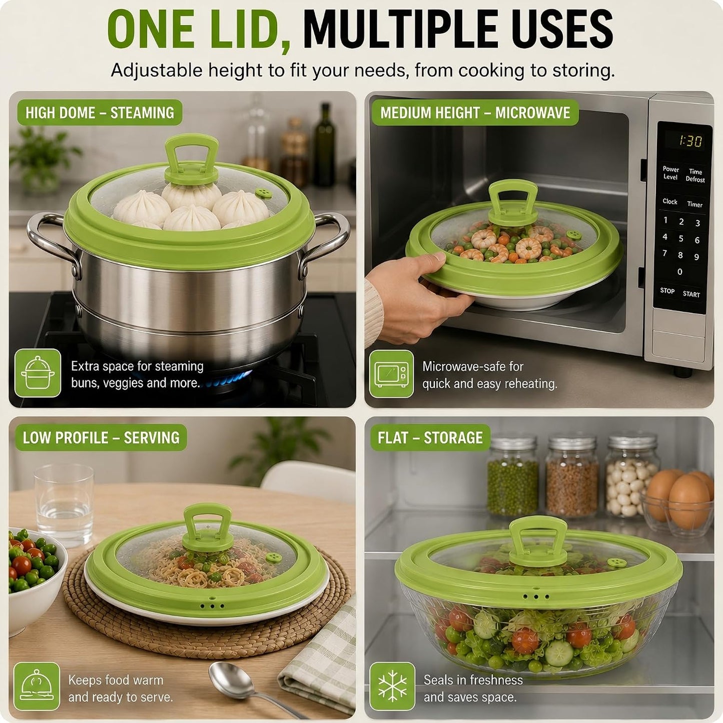Collapsible Microwave Splatter Cover, Vented Glass Silicone Lid with Heat resistant Handle, Fit Plates Bowls Pots, Safe for Microwave Convection Oven Steamer Dishwasher（grey 11.8in）