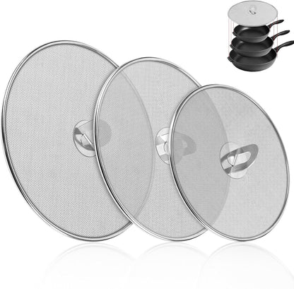 3-Pack Splatter Screens for Frying Pan - 10", 11.5", 13" Stainless Steel Grease Splatter Guard with Foldable Knob, Ultra-Fine Mesh, Rust-Free - No Oil Mess, No Burns, Ultra Fine Mesh