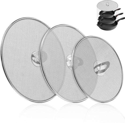 3-Pack Splatter Screens for Frying Pan - 10", 11.5", 13" Stainless Steel Grease Splatter Guard with Foldable Knob, Ultra-Fine Mesh, Rust-Free - No Oil Mess, No Burns, Ultra Fine Mesh