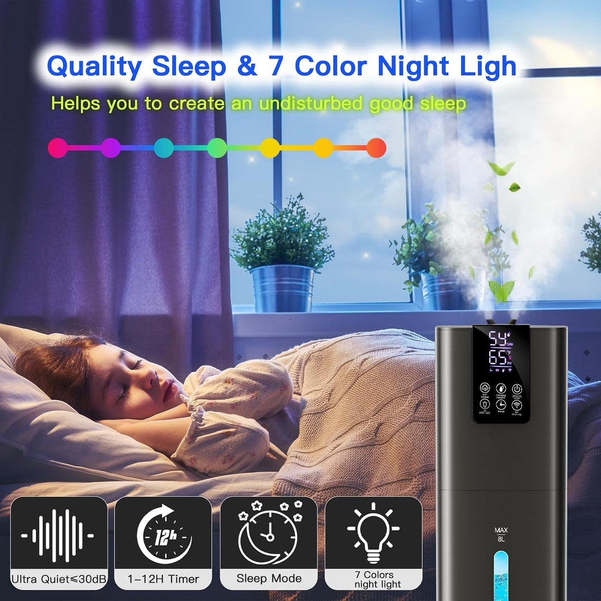 Smart Humidifiers Large Room Bedroom Home,2.11Gal(8L) Quiet Top Fill Cool Mist Humidifier,Smart App & Remote Control, 3 Speed Humidifier with 360°Nozzle,Humidity Setting for Baby Office Plant(White)