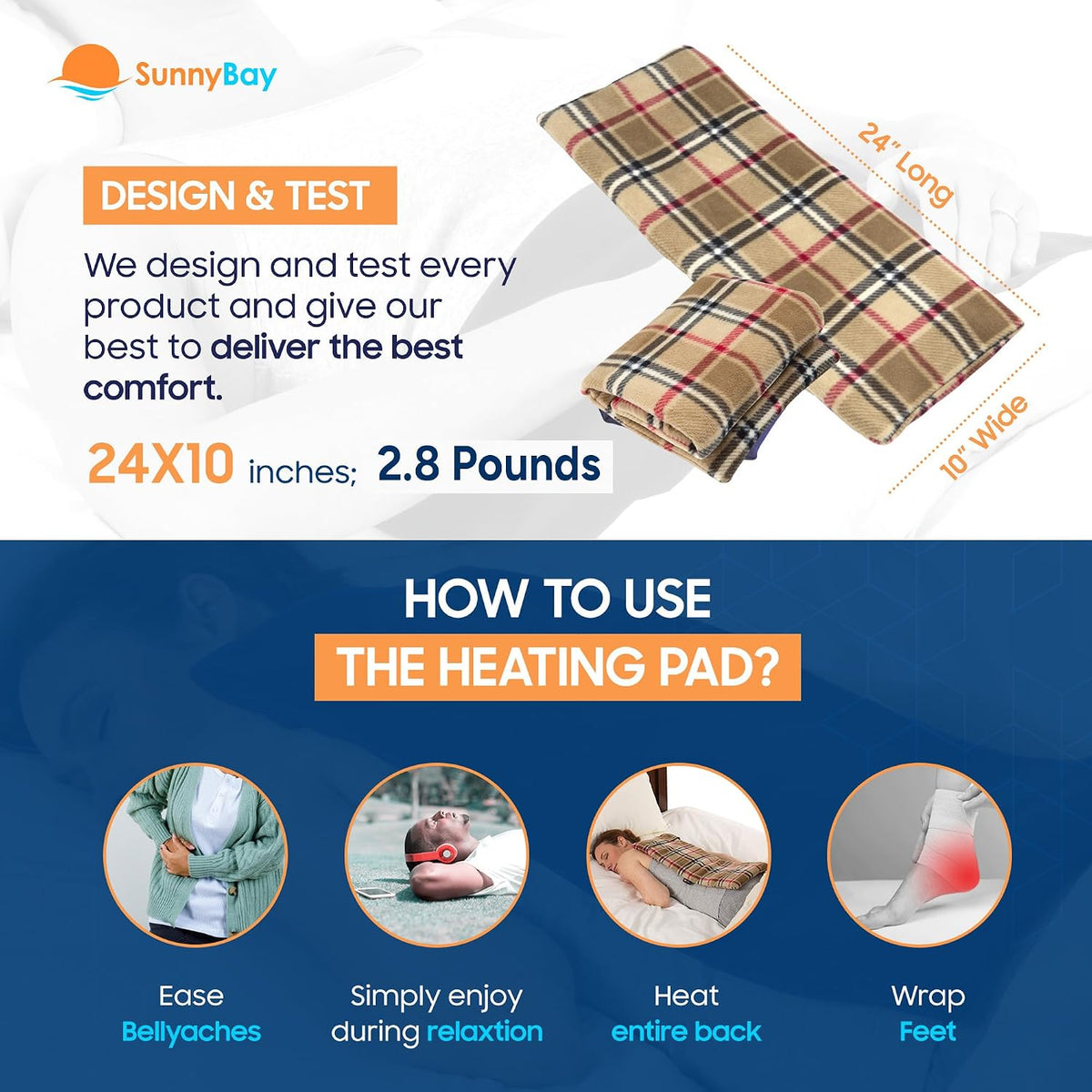 SunnyBay Extra Large Heating Pad, 10x24 inch, 2.8 lb, Navy Blue