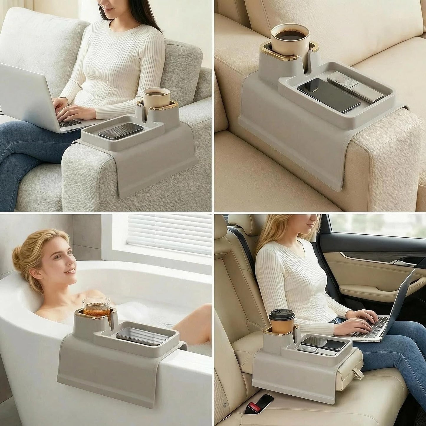 Luxury Gold Trim Couch Cup Holder Tray - Weighted Anti-Spill Navy Blue Silicone Sofa Armrest Organizer, Non-Slip Recliner Tray Table for Drinks, Remote, Phone - Fits Most Couch Arms