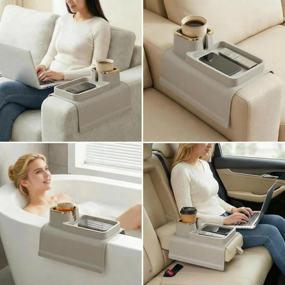Luxury Gold Trim Couch Cup Holder Tray - Weighted Anti-Spill Navy Blue Silicone Sofa Armrest Organizer, Non-Slip Recliner Tray Table for Drinks, Remote, Phone - Fits Most Couch Arms