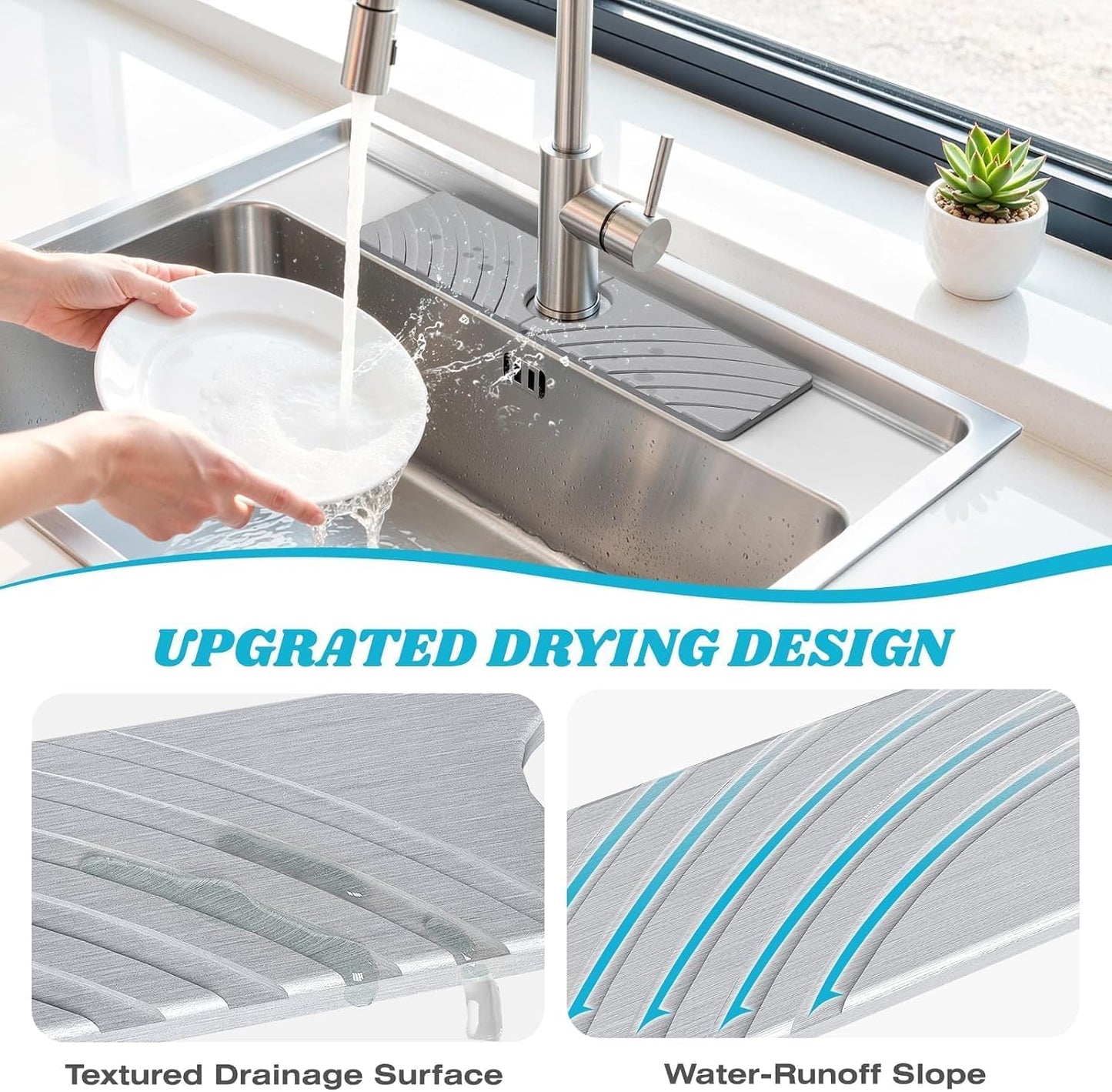 SpaceHacks Stone Faucet Mat for Kitchen Sink 23.7x4 in, Light Gray | Fast Drying Diatomite Stone Drying Mat, Water Splash Guard, Textured Drainage Sink Protector, Suits Bathroom&Kitchen Counter