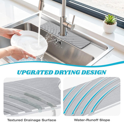 SpaceHacks Stone Faucet Mat for Kitchen Sink 23.7x4 in, Light Gray | Fast Drying Diatomite Stone Drying Mat, Water Splash Guard, Textured Drainage Sink Protector, Suits Bathroom&Kitchen Counter