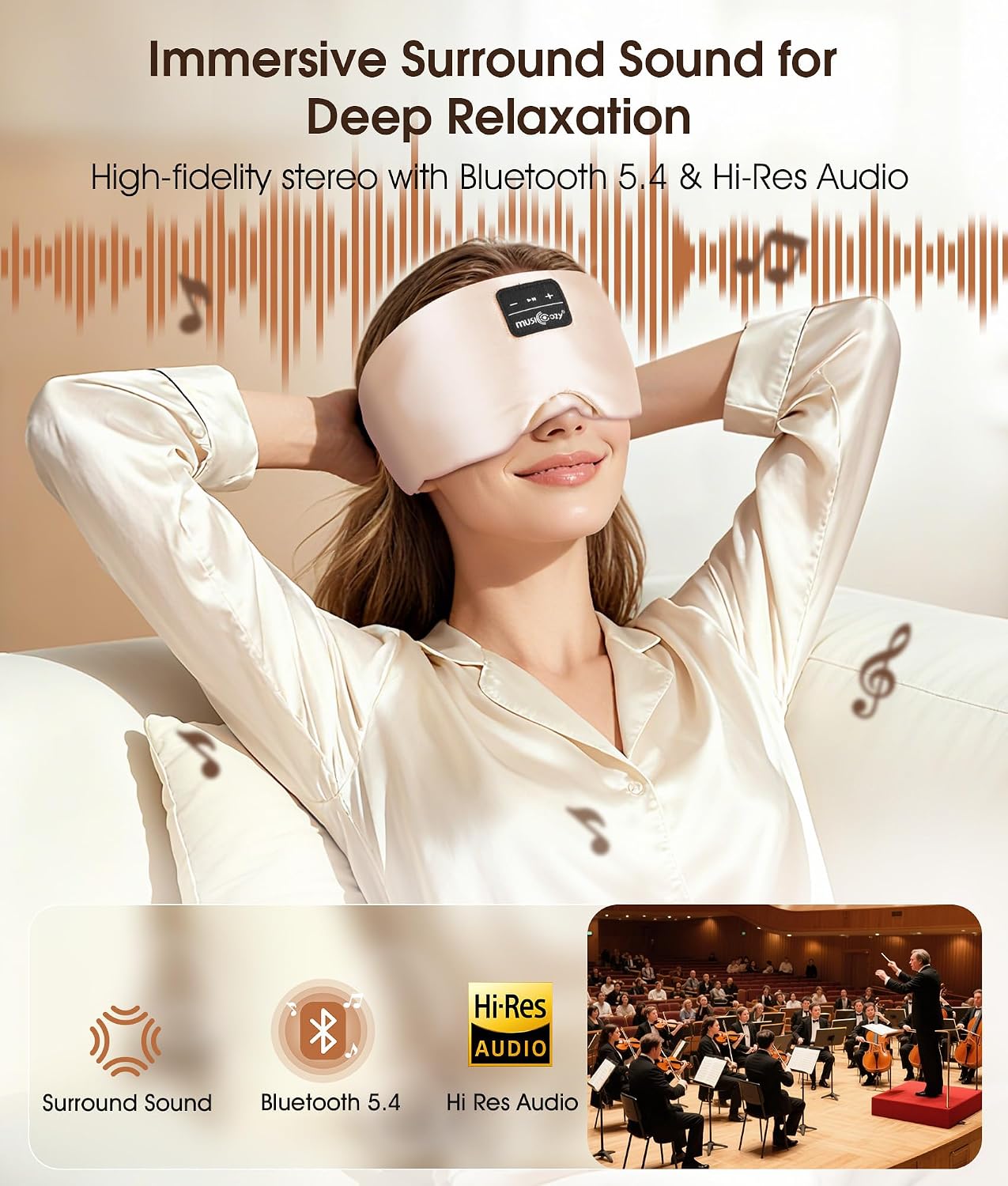 MUSICOZY 3D Mulberry Silk Sleep Mask Bluetooth 5.4 Headphones Full Coverage | Luxury Silk Eye Mask with Blackout Design Ultra Thin Speakers, Side Sleeper Comfort for Travel Relaxation Gifts for Men Women