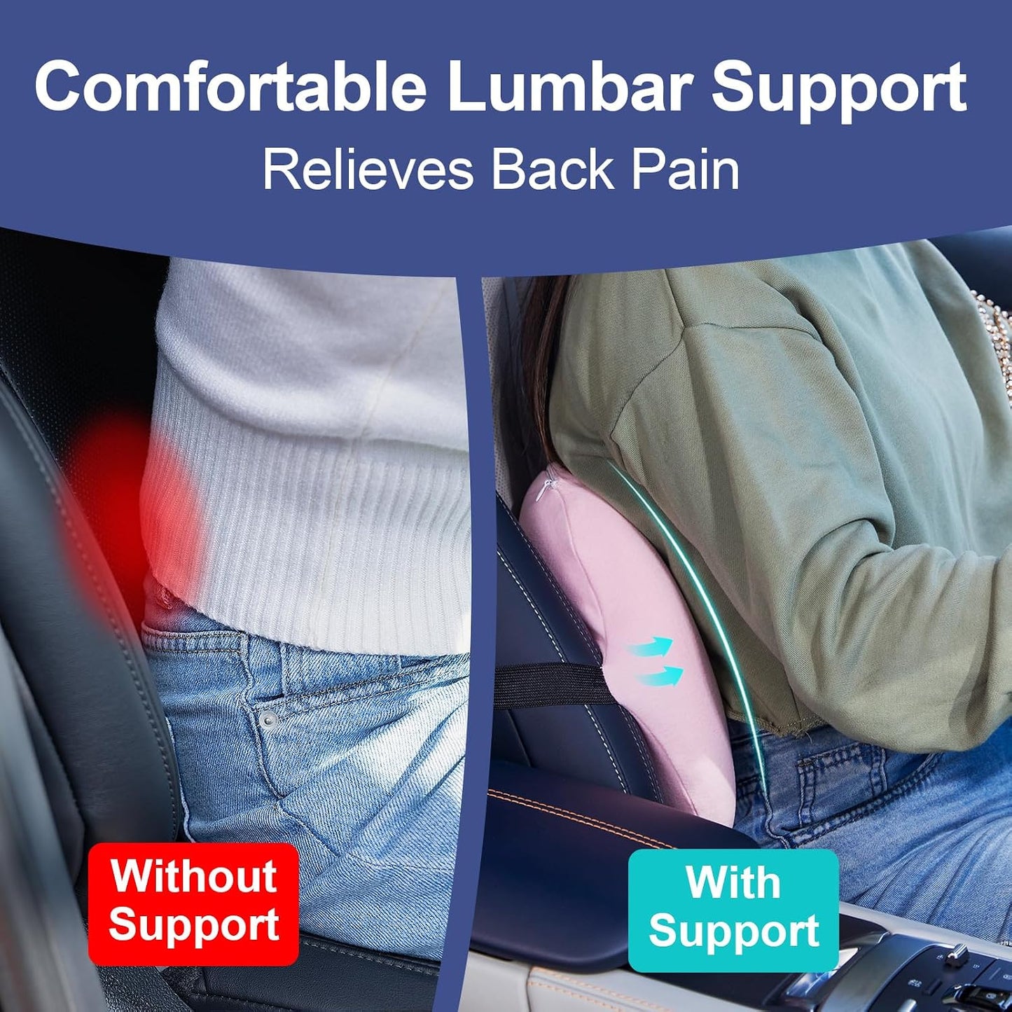 BYMECOST Lumbar Support Pillow for Car, Memory Foam Car Back Cushion | Car Seat Back Pillow for Driving, Adjustable Strap, Ergonomic Lower Back Support Pillow, Office Chairs and Wheelchairs