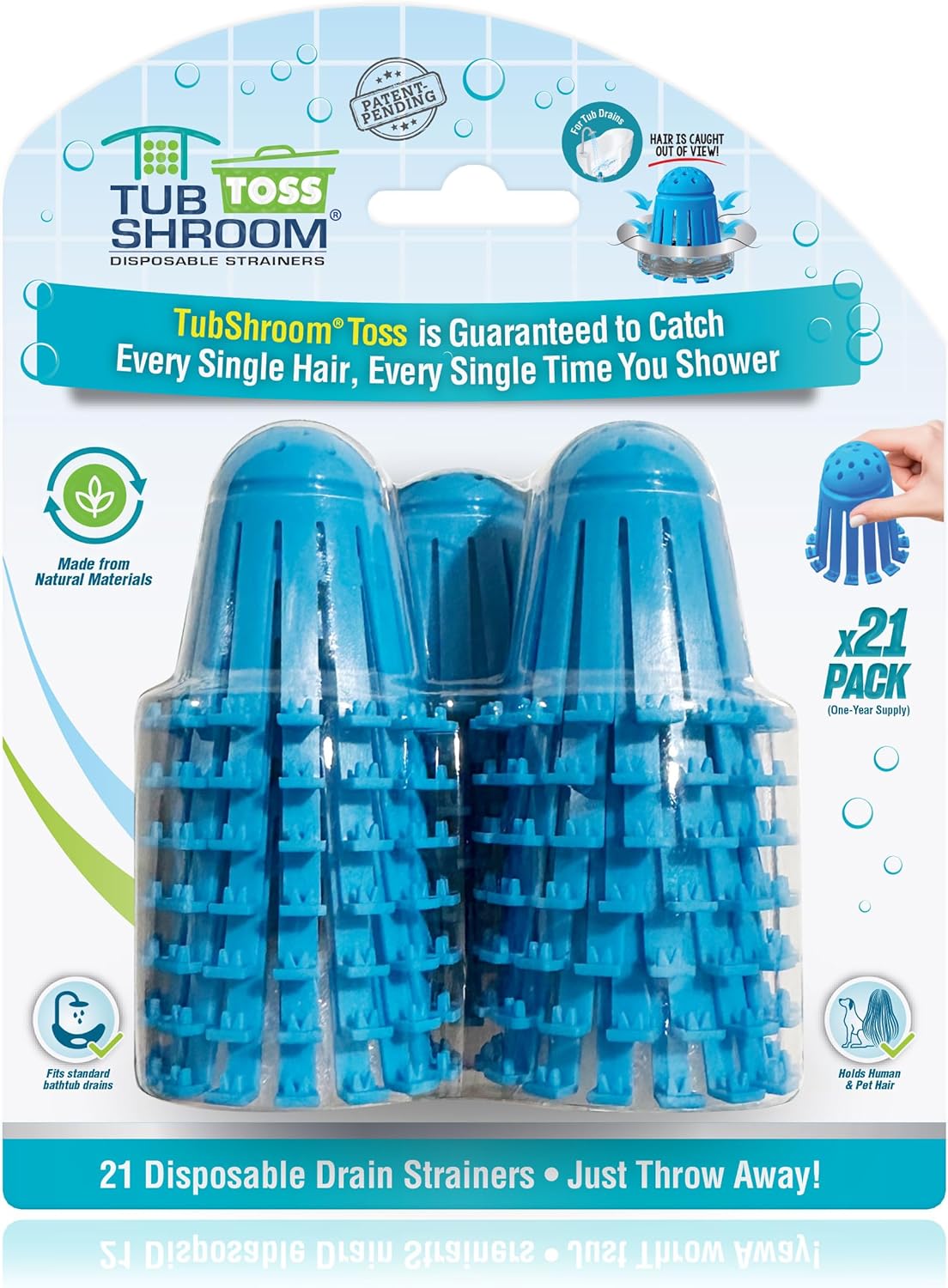 TubShroom Toss 21pk Disposable Bath Tub Drain Strainers - Hair Catcher Snare for Shower Bathtub to Prevent Clogged Drains, Traps Human and Pet Hair, One Year Supply (White)