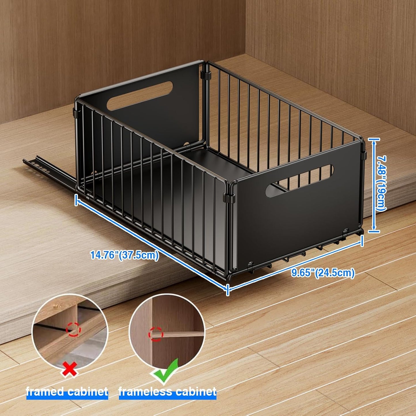 Mustorn 2 Pack Pull Out Cabinet Organizer, Slide Out Drawers for Cabinets, Peel and Stick, Heavy Duty Shelves for Kitchen, Cupboard, Pantry, Bathroom (16.5"D*11.8"W*3.94"H-Black)