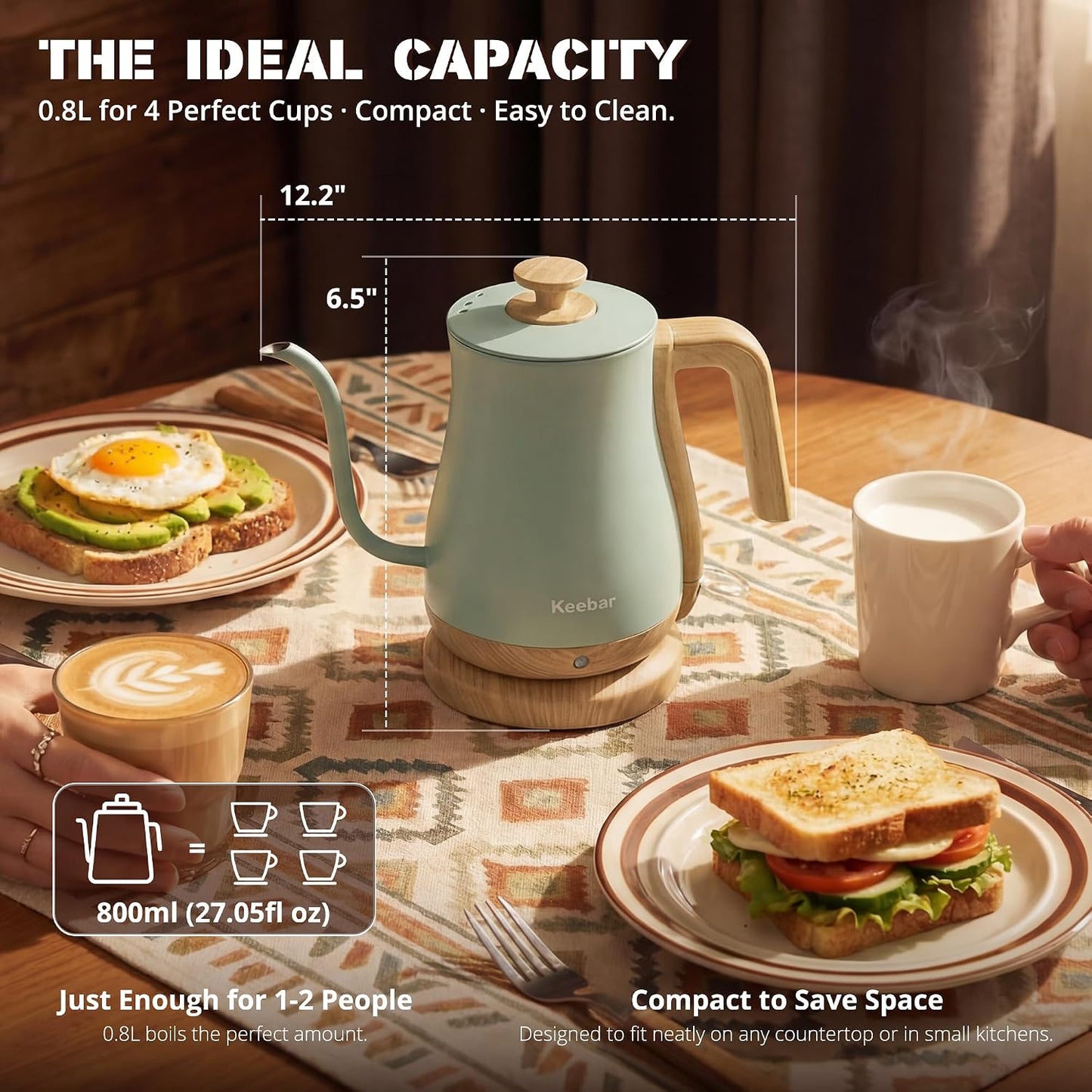 Gooseneck Electric Kettle, 0.8 L, 1000 W, Auto Shut-Off, Light Green | Compact 0.8 L Kettle With Stainless Steel Interior, Gooseneck Pour, Wood-Grain Handle, Auto Shut-Off And Boil-Dry Protection