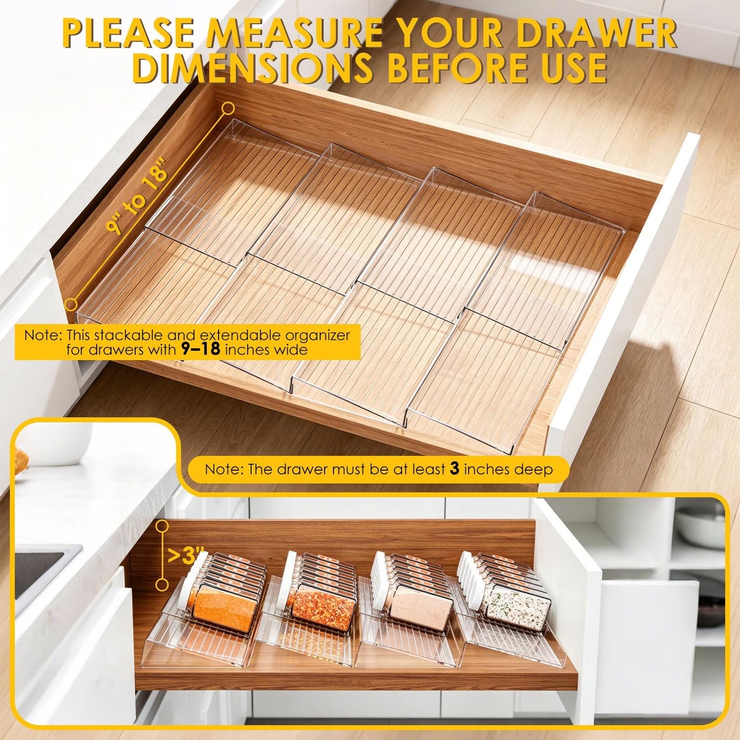 4 Pack Spice Drawer Organizer, Acrylic Spice Rack Expandable From 9" to 18", Clear Seasoning Organizer Tray for Kitchen Holds up to 24 Jars (Jars Not Included)
