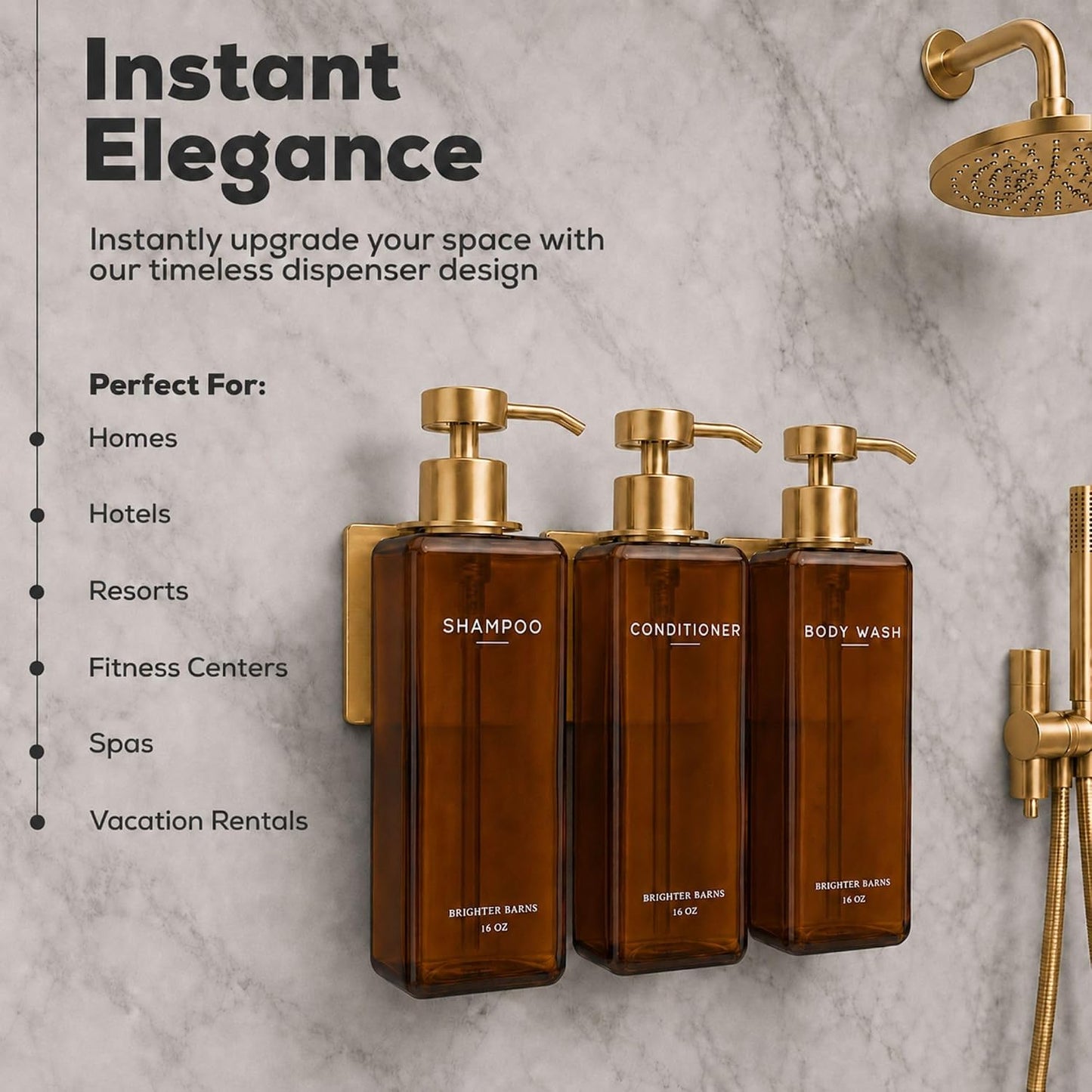 Luxury Shampoo and Conditioner Dispenser Set Wall Mounted by Brighter Barns - Refillable Shower Dispenser with Stainless Steel Pumps - Shampoo Bottles 3 Chamber No Drill for Airbnb, Spa, Hotel (White)
