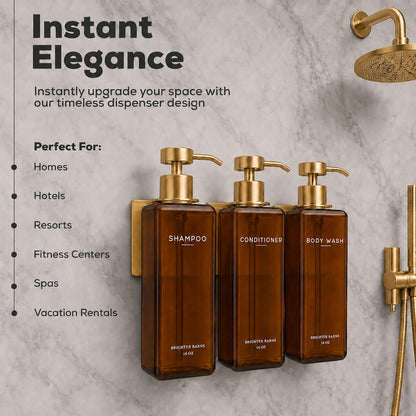 Luxury Shampoo and Conditioner Dispenser Set Wall Mounted by Brighter Barns - Refillable Shower Dispenser with Stainless Steel Pumps - Shampoo Bottles 3 Chamber No Drill for Airbnb, Spa, Hotel (White)