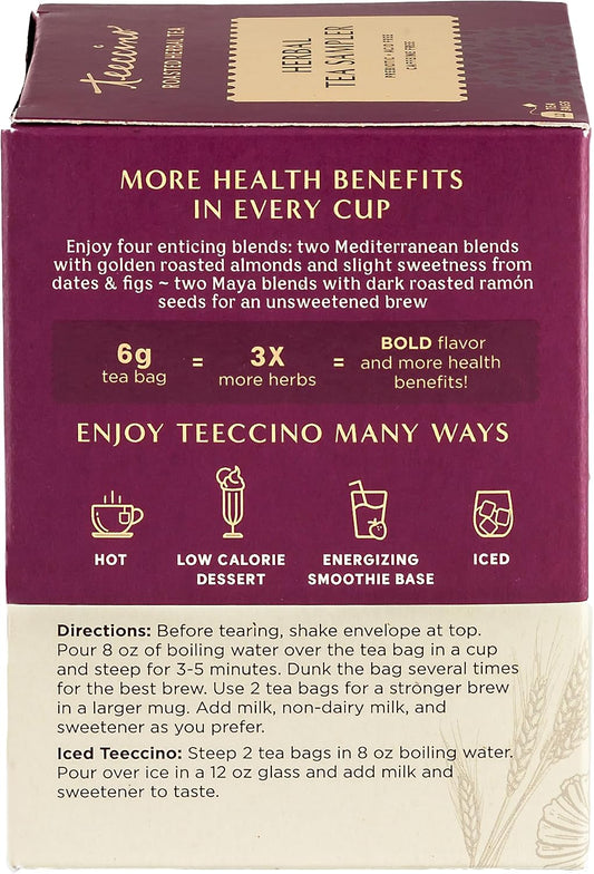 Teeccino Herbal Tea Sampler Assortment - 12 Tea Bags - Maca Chocolaté, French Roast, Hazelnut, Vanilla Nut - Roasted Caffeine Free Herbal Tea, Prebiotic for Natural Energy
