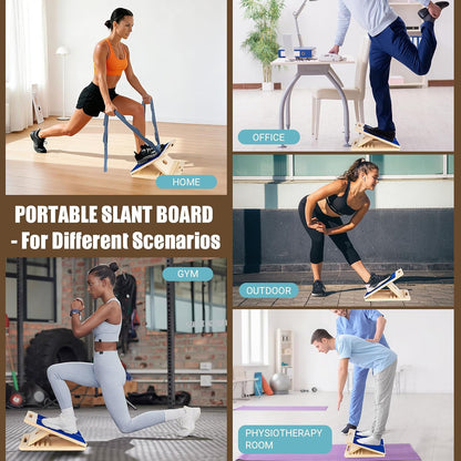 Slant Board Calf Stretch with Stretch Strap, 300 lb Portable Incline Board | Training Poster, Non-Slip Adjustable Wooden Calf Mobility Board for Calf Ankle Knees Achilles Physical Therapy Leg Exerciser