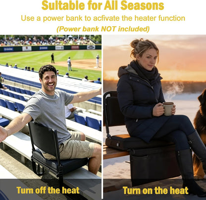 Heated Stadium Seat, Folding Chair with Back Support for Bleachers | 5-Position Adjustable Backrest, 16.5" Wide Seat, USB Heating Pad (Power Bank NOT Included), Supports 330 lbs, Carry Strap