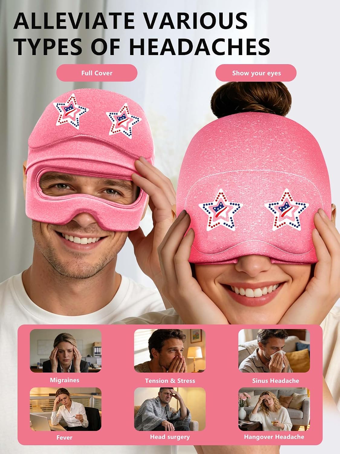 Migraine Relief Cap with Slide-Up Eye Mask, Headache Relief Ice Hat | Compression Head Face Ice Pack, Reusable Hot & Cold Gel Wrap for Hangover, Stress, Tension,Puffy Eyes, for Men Wemen Gift