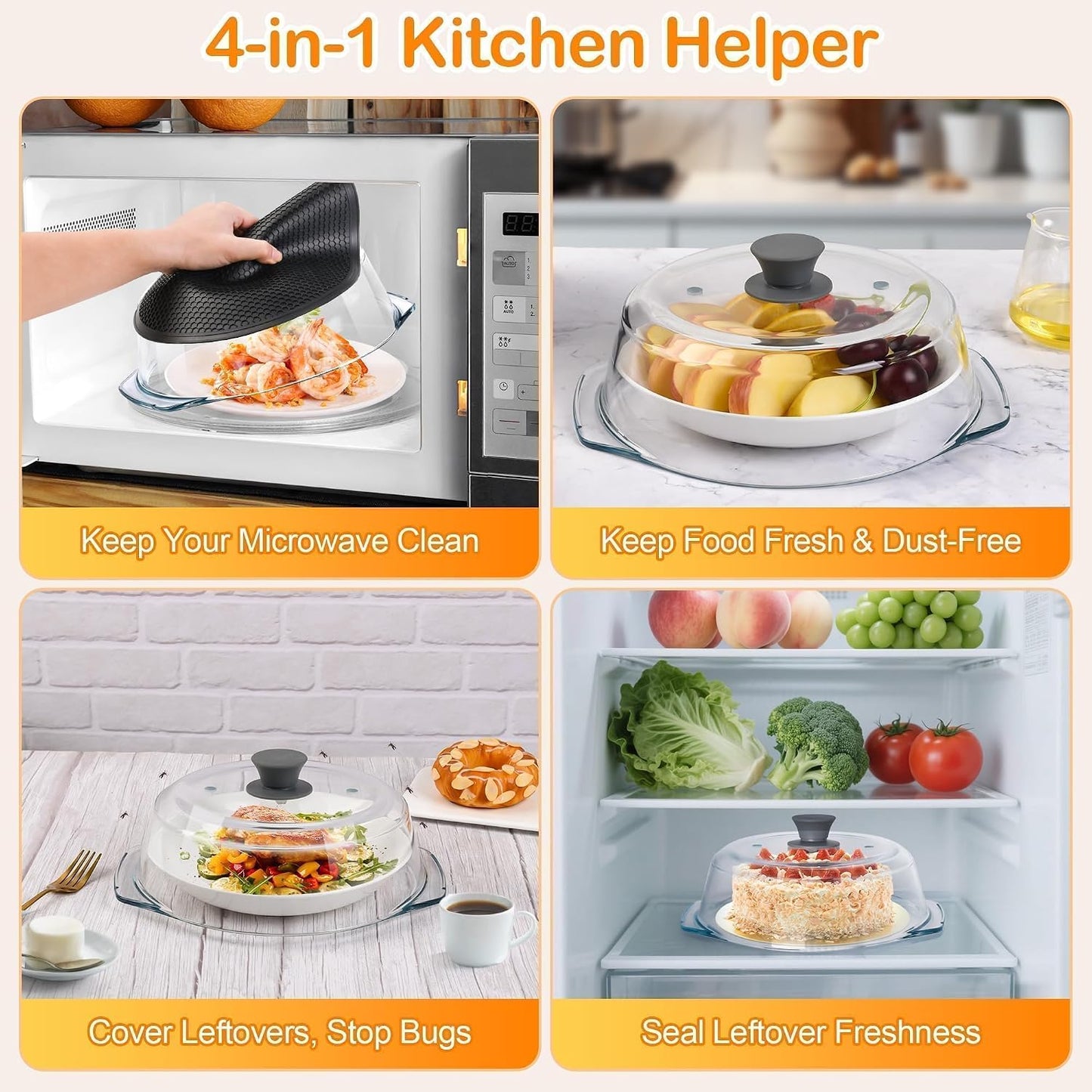 Glass Microwave Splatter Cover for Food with Microwave Place Mat - Sturdy Plate Guard Lid with Vent Holes and Easy-Grip Silicone Handle - BPA Free, Dishwasher Safe (Black)