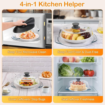 Glass Microwave Splatter Cover for Food with Microwave Place Mat - Sturdy Plate Guard Lid with Vent Holes and Easy-Grip Silicone Handle - BPA Free, Dishwasher Safe (Black)