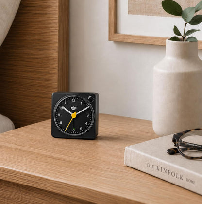 Braun Classic Travel Analogue Alarm Clock with Snooze and Light, Compact Size, Quiet Quartz Movement, Crescendo Beep Alarm in Black, Model BC02XB.