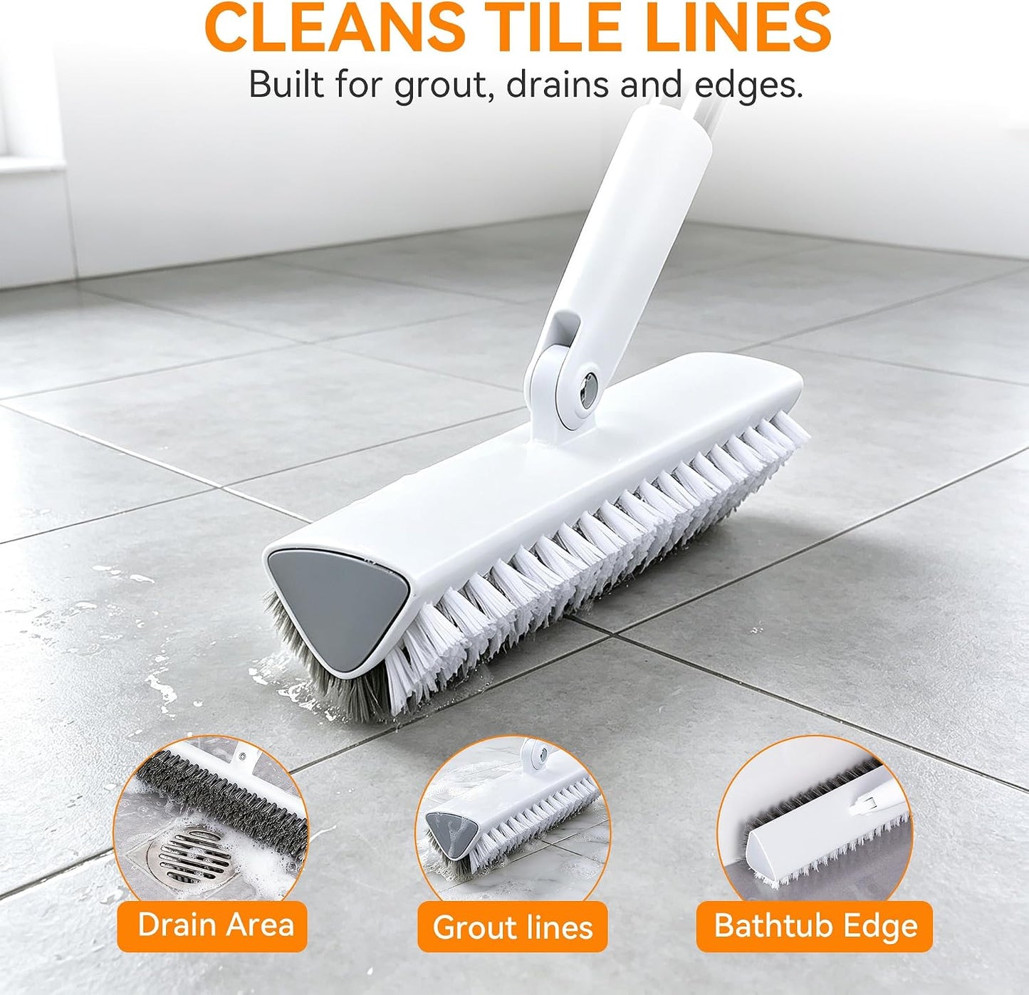 Scrub Brush with Long Handle, Extends to 55 in, Pivoting Triangle Head | Dual-direction stiff bristles work on push and pull strokes for bathtub, shower, tile, grout, patio and concrete