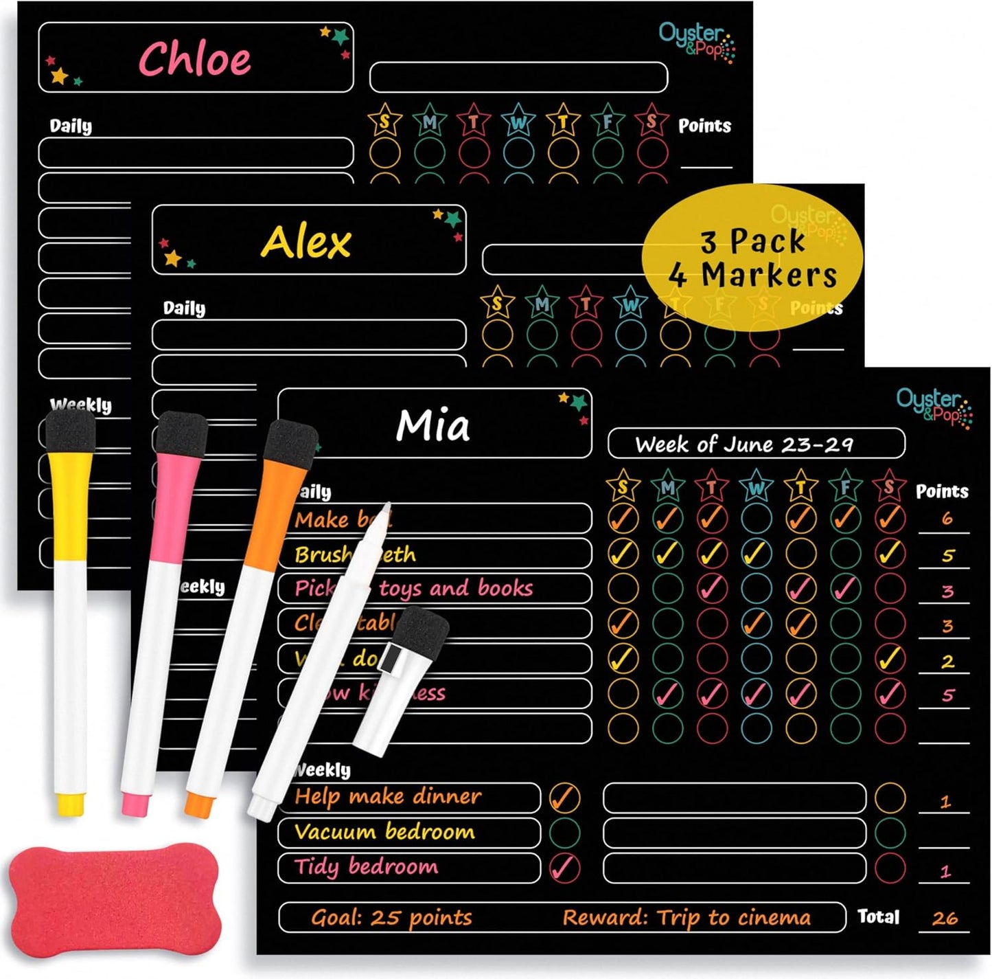 Oyster&Pop Black Chore Charts for Multiple Kids - 3 Pack Magnetic Dry Erase | Build responsibility, independence and routines - give kids and teens their own black magnetic board and weekly rewards