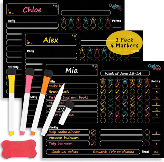 Oyster&Pop Black Chore Charts for Multiple Kids - 3 Pack Magnetic Dry Erase | Build responsibility, independence and routines - give kids and teens their own black magnetic board and weekly rewards