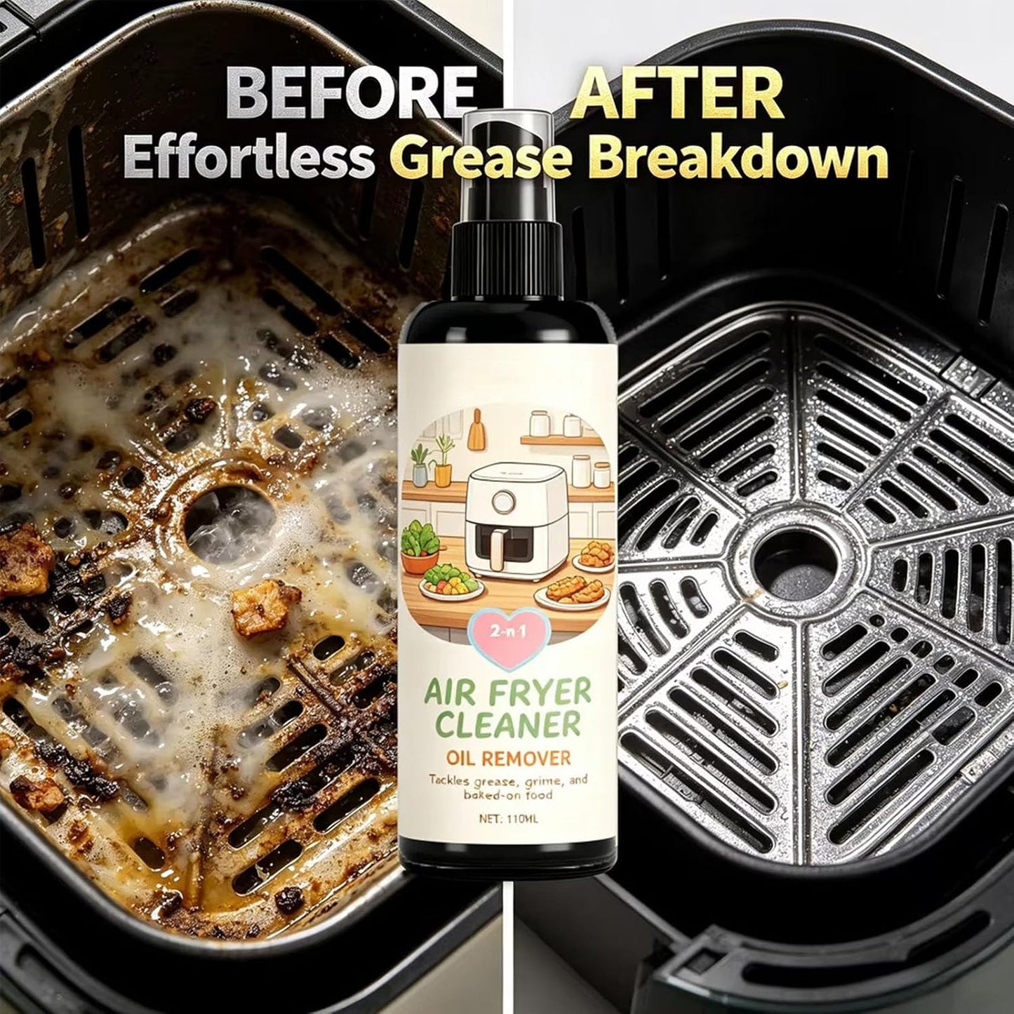 2-in-1 Air Fryer Cleaner and Degreaser Spray, Grease Air Fryer Cleaner Spray, Removes Grease, Grime, Oil & Baked-On Food, Includes Sponge, Fast-Acting, Residue-Free (1)