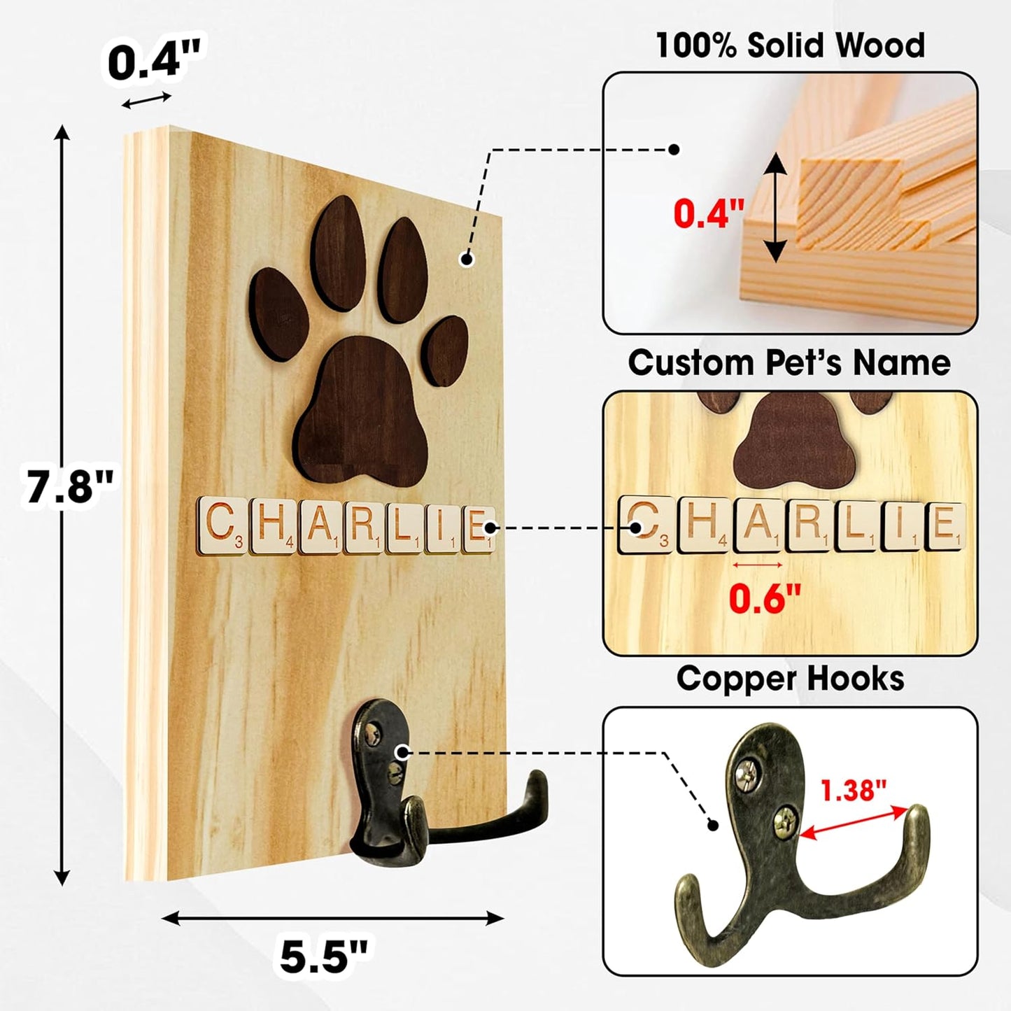 Dog Leash Holder Wall Mount, Pet Harness Hanger with Scrabble Letters, Dog Collar Organizer for Entryway, Memorial Cat Leash Holder for Wall, Pet Loss Gifts, Keepsake, Home Decor PF212-NAT