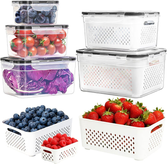 PRAKI Fruit Storage Containers for Fridge with Removable Colander, 5-Pack | 4 in 1 Food Storage Containers, Produce Saver for Refrigerator Keep Fruits, Berry Fresh Longer, Multiple Sizes, BPA-Free