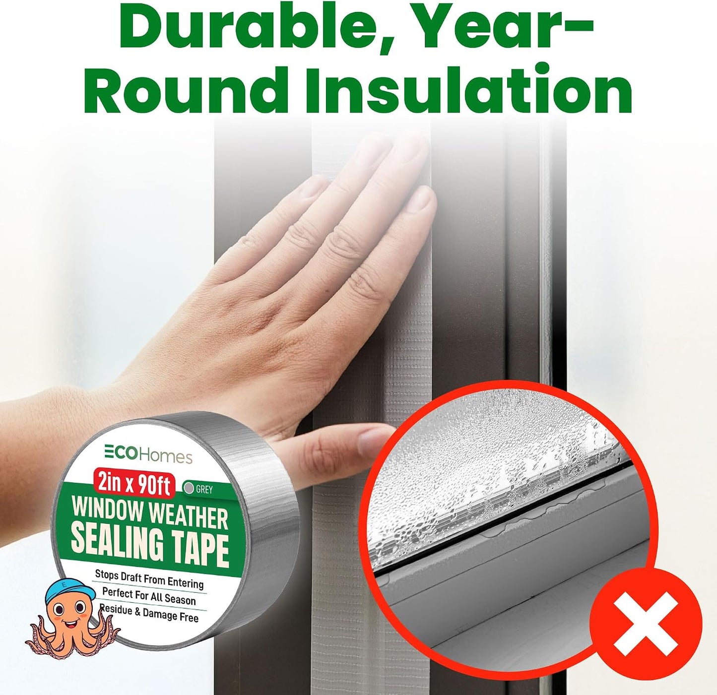 ECOHomes Window Weather Sealing Tape (2 Inch Wide x 90 Ft, Clear) | Weather Stripping Tape, To Stop Drafts Through Window Gaps and AC Units, Insulation Seal for Home and Air Conditioners
