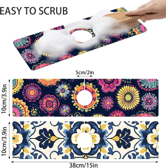 Bimkole 2 PCS Faucet Absorbent Mat, Kitchen Faucet Sink Splash Guard Wraparound Cloth Pads Drip Catcher for Sink Faucet for Kitchen Bathroom Faucet, Colorful Faucet Mat, 15 x 4 Inch Flower A6