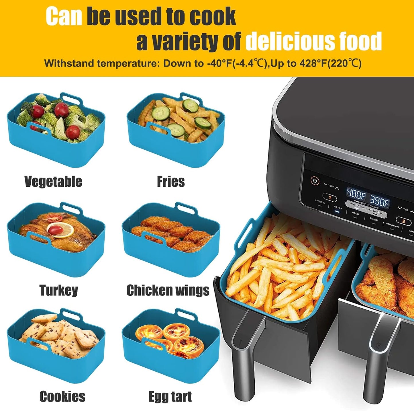 2Pcs Air Fryer Silicone Liners Rectangular for Ninja Foodi Dual DZ201 8QT | DZ090 6QT/Ninja DoubleStack SL201 8QT, MMH Reusable Airfryer Pot Baking Basket | Non-stick | Easy Cleaning | Food Safe | Gray