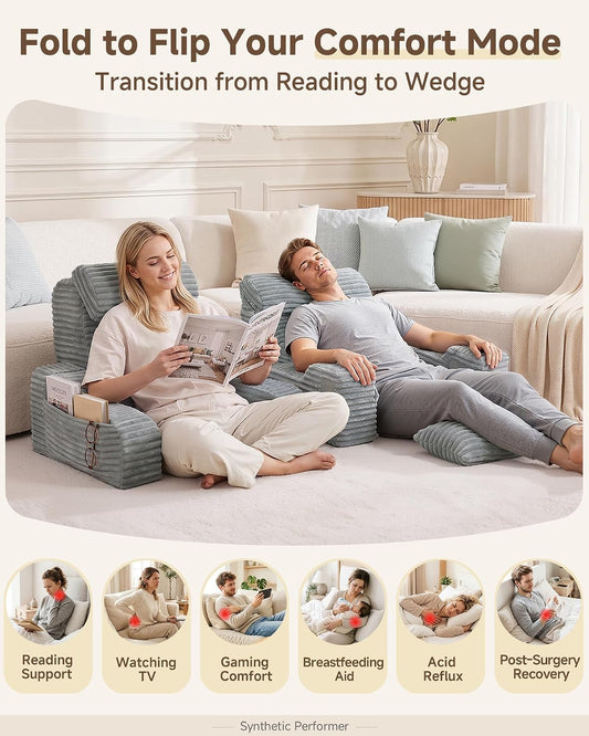 Foldable 5PCS Reading Pillow for Bed, Grey, 19” | 2 in 1 Bed Pillow for Sitting Up, Back Pillow with Arms, Wedge Pillow for Watching TV, Reading, Gaming, Post Surgery, Nursing