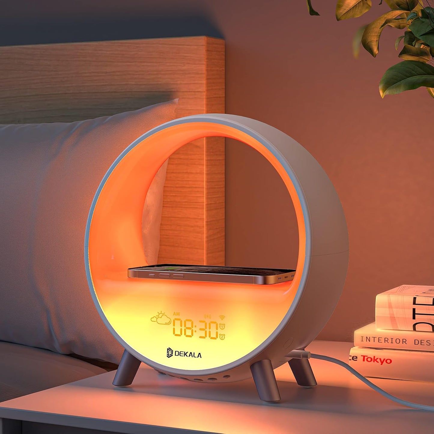 Dekala Arches Gradual Sunrise Alarm Clock with Wireless Charging, Sunset White Noise Sound Machine Loud Sunsire Alarm Clock for Heavy Sleepers Smart Ambient Lamp
