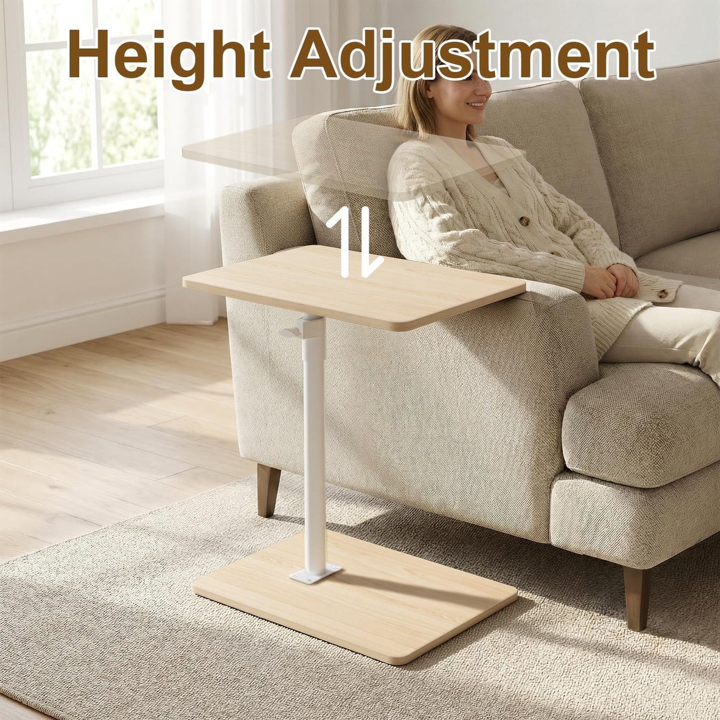 YUHFERA Sofa Armrest Tray Table for Couch - 360° Swivel Height Adjustable End for Small Spaces, Snack Side Table for Bed or Chair with Phone & Tablet Slot (Rustic,Standard)