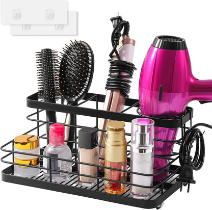 Metal Hair Tool Organizer Wall Mounted, Hair Dryer Holder Basket Storage | Hair Straightener Styling Tools Holder Wall Mount, Bathroom Sink Organizer Countertop for Vanity Makeup Brush, Black