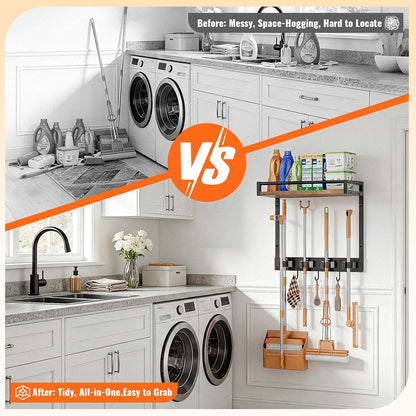 Broom Holder Wall Mount with Shelf, 15.7" Wx6.7 Dx15.7 H, 1 Pack | Load 66LBS, 4 Mop Hanger Grippers, 3 Hooks, for Laundry Room, Garage, Utility Closet, Kitchen