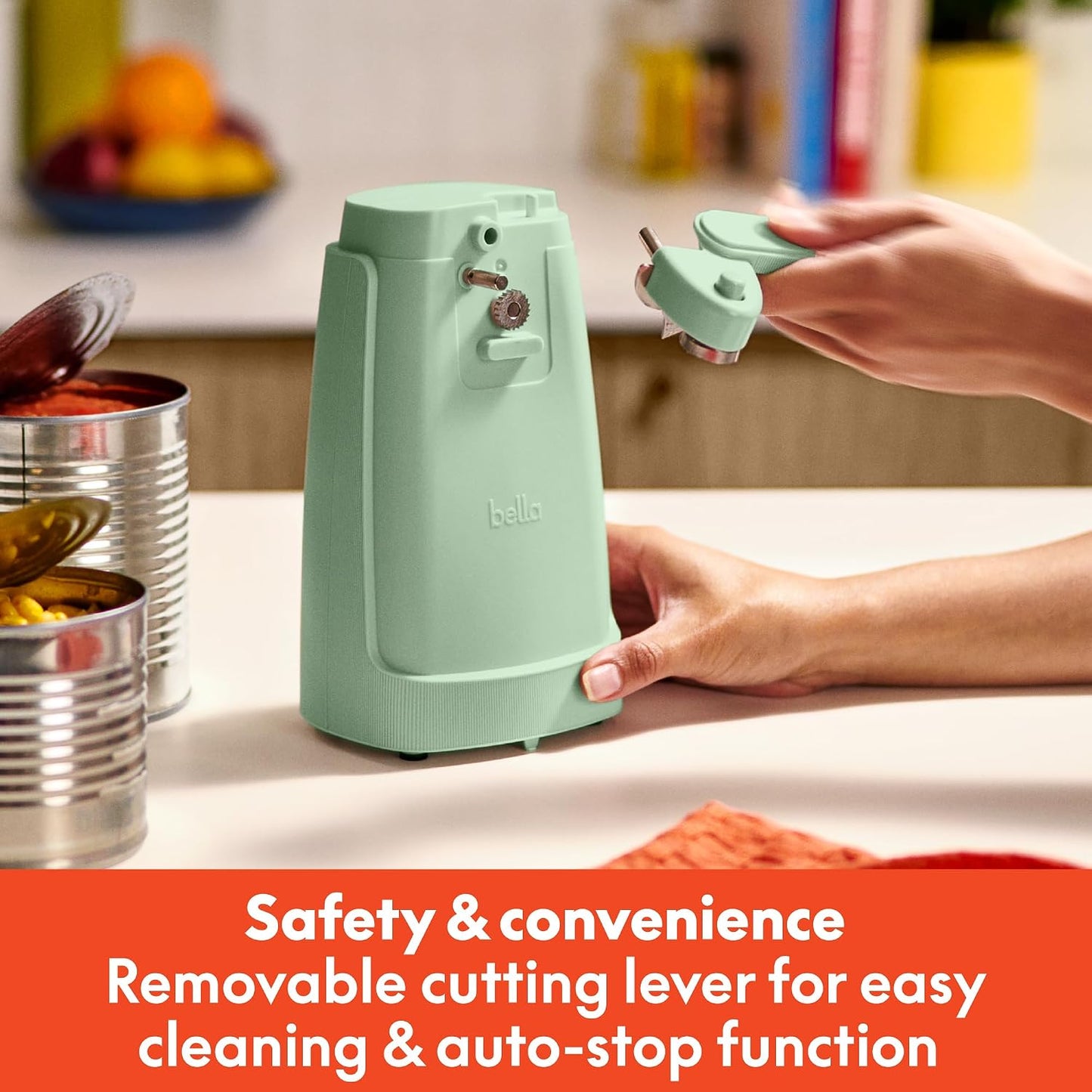 bella Automatic Can Opener, Hands Free, Battery Operated, Cordless, Stainless steel blade to open any Size Can with Magnet to Safely Remove Lid, Seamless Opening Decreases Sharp Edges, Slate
