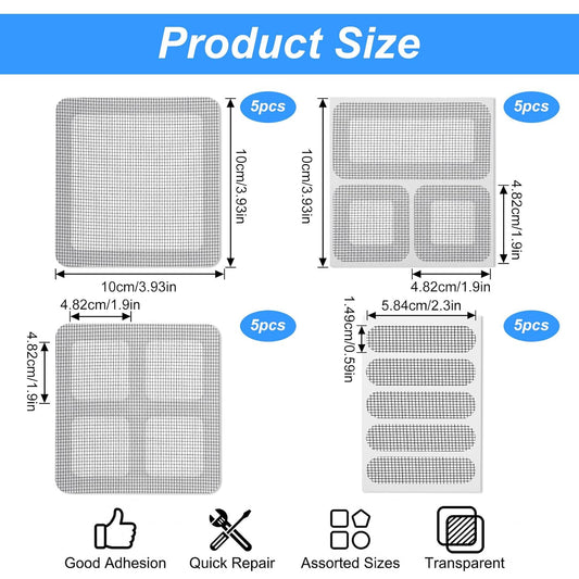Sibba 20 Sheets Window Screen Patches Repair Kit Self-Adhesive Patch | 4 Sizes Black Self-Adhesive Screen Patch Repair Kit for Mesh Screens Door, Strong Adhesive Screens Repairs Tape