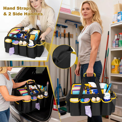 PGmoon Extra-Large Cleaning Caddy Organizer Bag with Handle | Cleaning Supply Tote Bag Built-in Support Boards for Car, Home, Housekeeping Work, Kitchen Cleaning Supplies