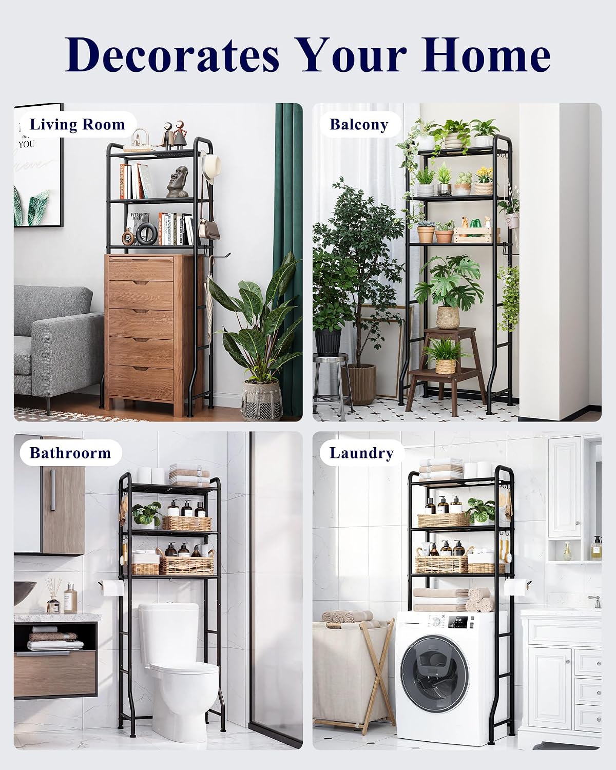 Kitsure Over Toilet Storage Rack, 63.2" H Space-Saving, Holder & Hooks | Bathroom, Laundry Room, Small Spaces, Families, Durable Metal, Black, 3 Tier