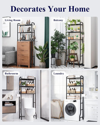 Kitsure Over Toilet Storage Rack, 63.2" H Space-Saving, Holder & Hooks | Bathroom, Laundry Room, Small Spaces, Families, Durable Metal, Black, 3 Tier